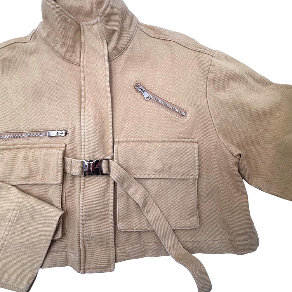 Eggie Utility Cropped Jacket Khaki Tan Cotton Cargo Buckle Pocket Jacket Women's - Picture 9 of 11